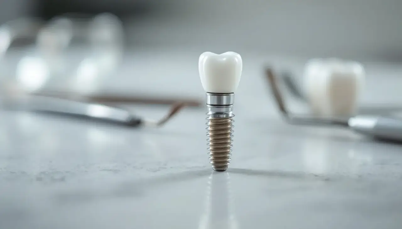 Dental implant components: a titanium post, abutment, and crown